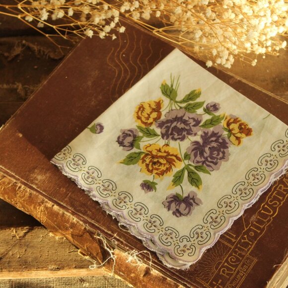 Vintage Handkerchief, Purple and Yellow Roses Flower Print Cotton Hankie - Picture 2 of 12